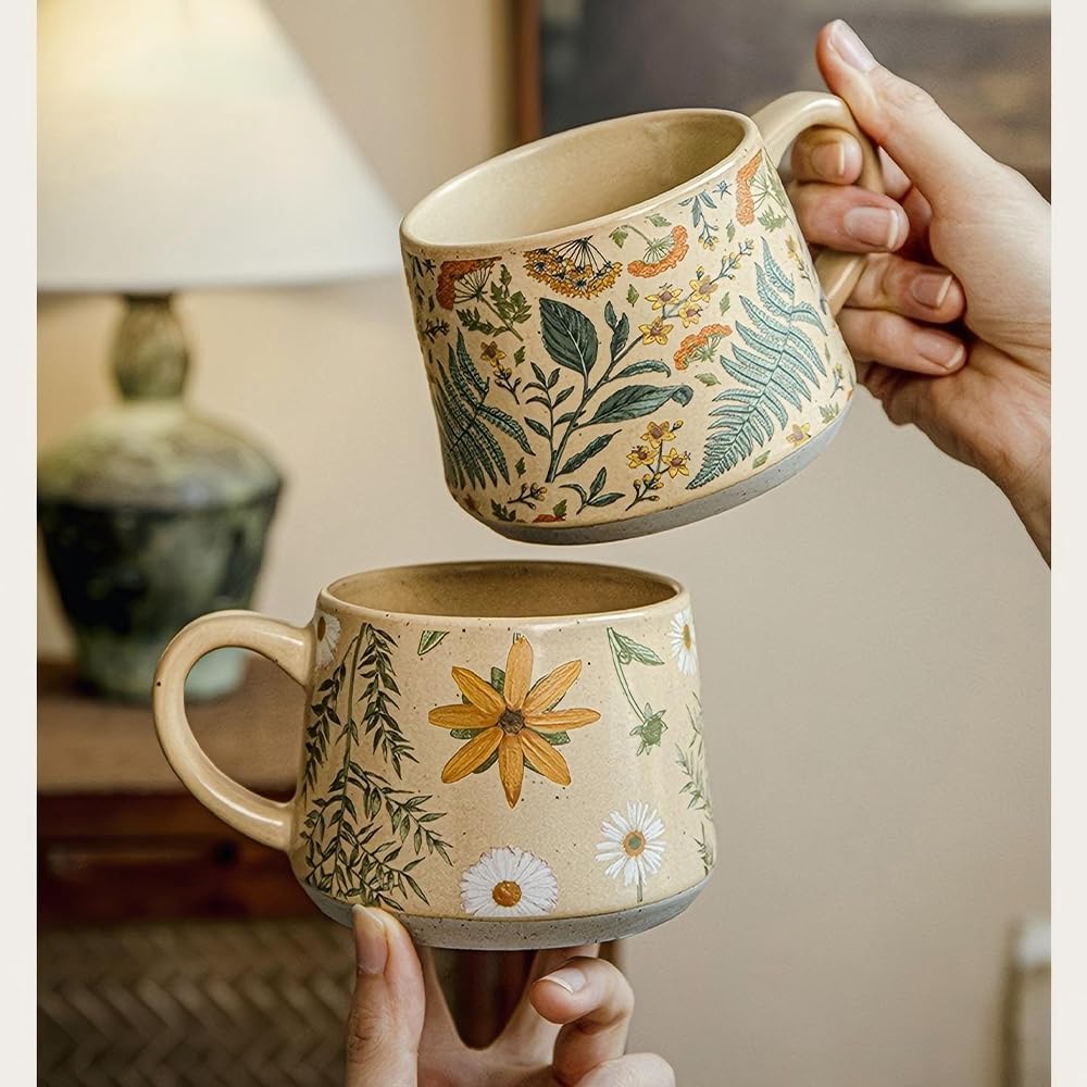 Floral Coffee Cup, 12oz Ceramic Hand Painted Porcelain Mug with Premium Gold Spoon, Cup for Cappuccino, Macchiato, Latte, Cafe, Tea, Unique Gift Idea (Summer's Whispers)