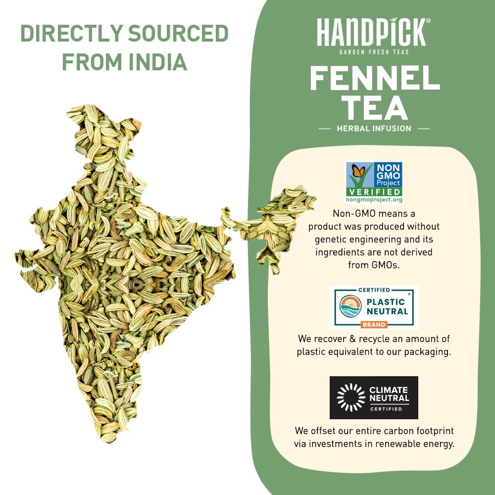 HANDPICK, Fennel Tea Bags (100 Herbal Tea Bags) Caffeine Free, Gluten Free & Non GMO | Round Eco Conscious Teabags | Smooth & Sweet