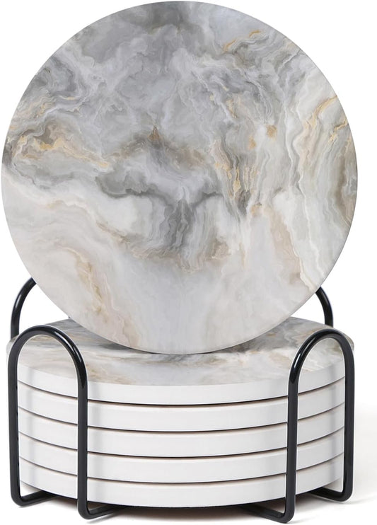 Set of 6 Abstract Gray White Marble Coasters with Holder, Absorbent Ceramic Coasters for Drinks, Coasters with Cork Backing for Table Protection, Housewarming Gifts for New Home