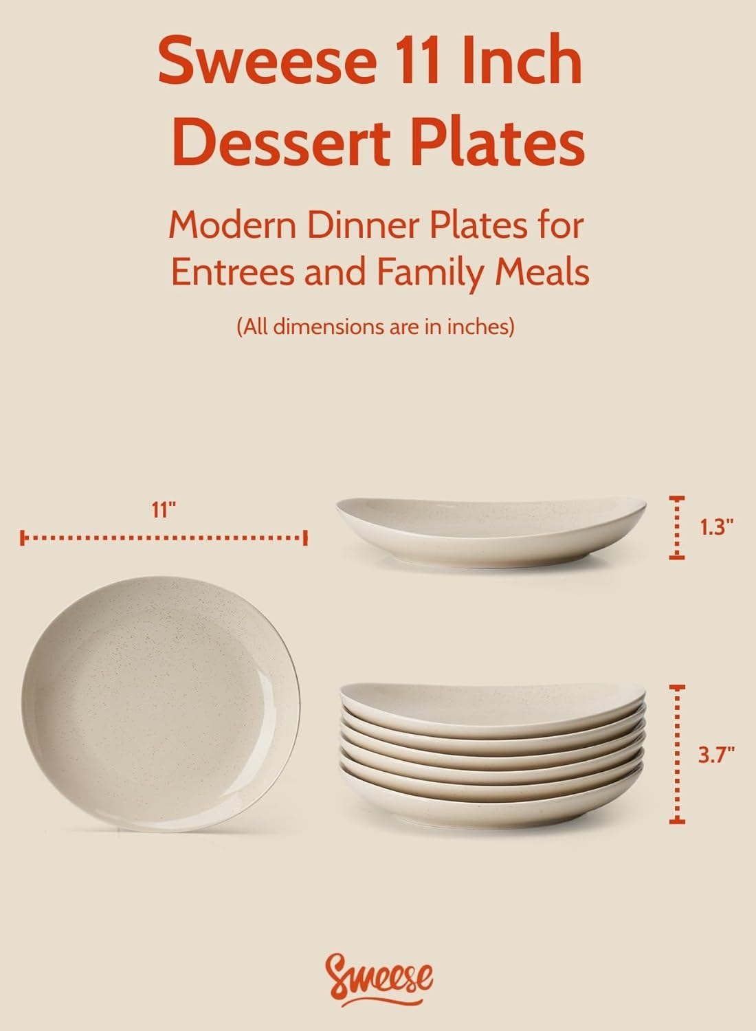 Sweese 11 Inch Porcelain Dinner Plates, Set of 6 - Beige, Vitrified China, Curve Collection, Dishwasher Microwave Safe