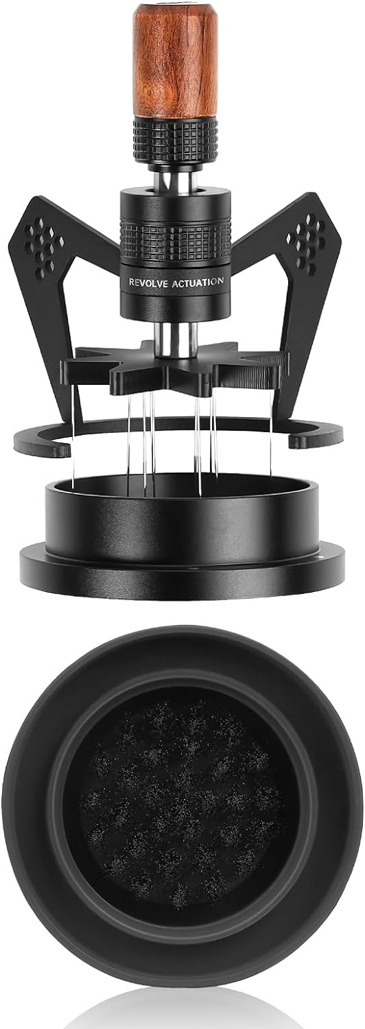 IKAPE Mantis WDT Distribution Tool with Clean Brush, 51mm Espresso Stirrer Distribution Tool for Barista - 8 Needle Espresso Stirrer with Dosing Funnel & Stand, Adjustable Needle Height, Walnut Handle