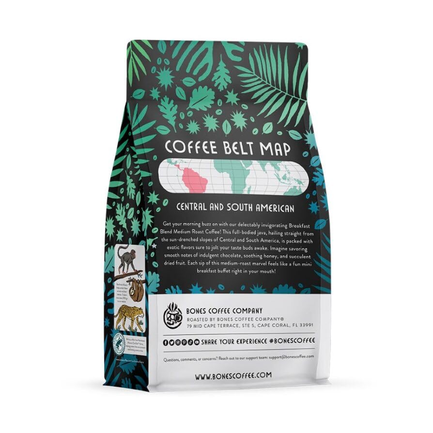 Bones Coffee Company Breakfast Blend, Chocolate, Honey and Dried Fruit Notes, Unflavored Coffee, Medium Roast Low Acid Arabica Beans Compatible with Auto drip and French Press Coffee Maker, 12 Oz Whole Bean