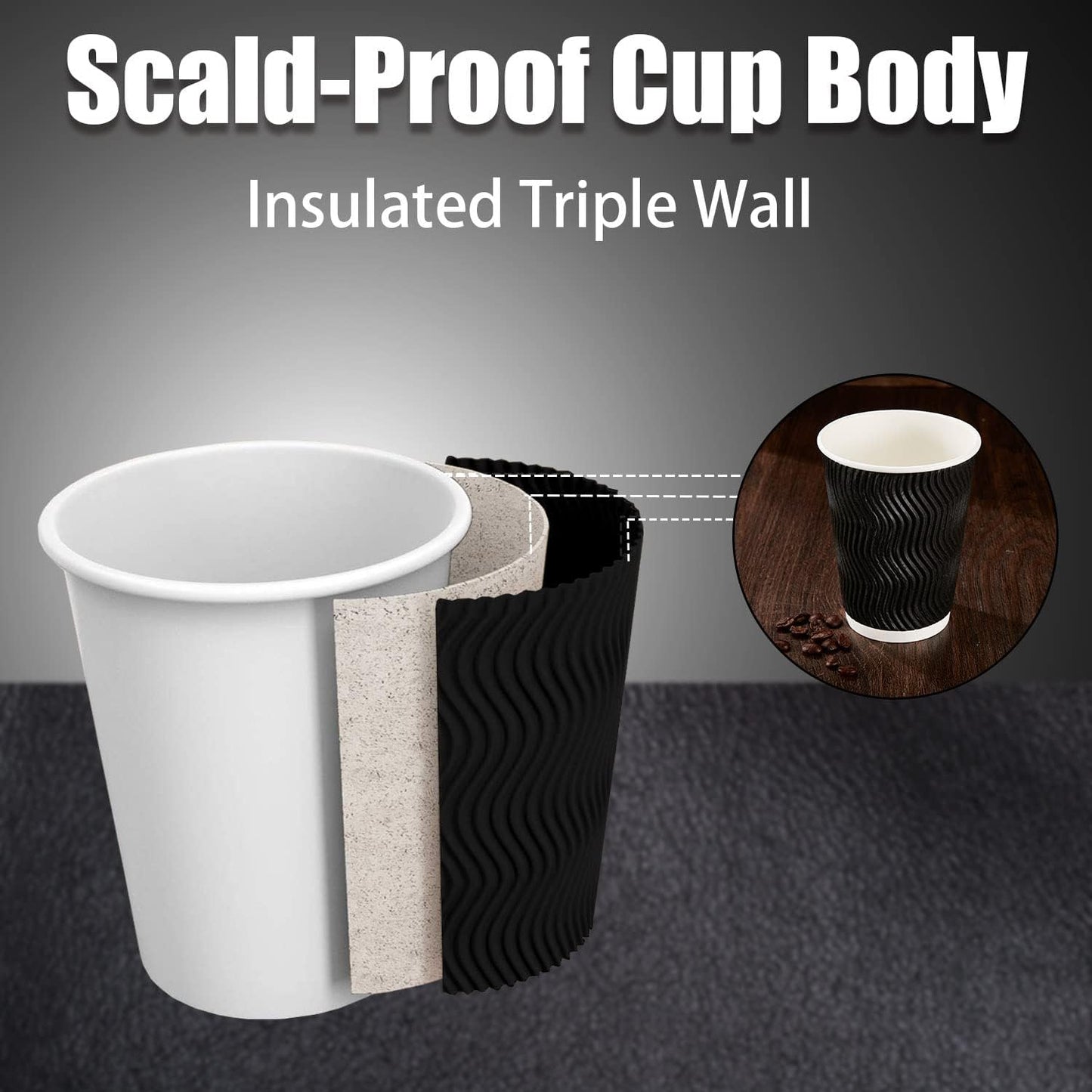 Lamosi 12 oz Disposable Coffee Cups - 120 Pack, Insulated Corrugated Paper Cups 12 oz, Kraft Ripple Wall Cups for Hot Beverage or Cold Drinks Office/Home/Party/Travel/Cafe (Black)