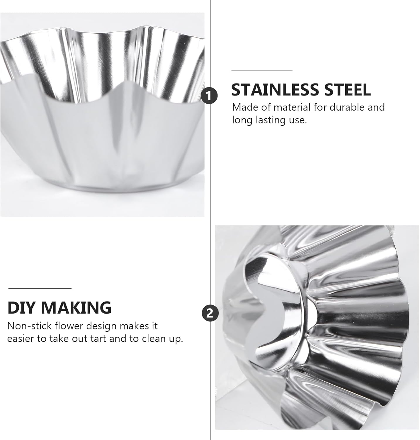 Mikinona 6pcs Stainless Steel Flower Tart Pans Non-stick Tart Muffin Cups for Baking Desserts for Cupcakes Egg Tarts and Diy Parties