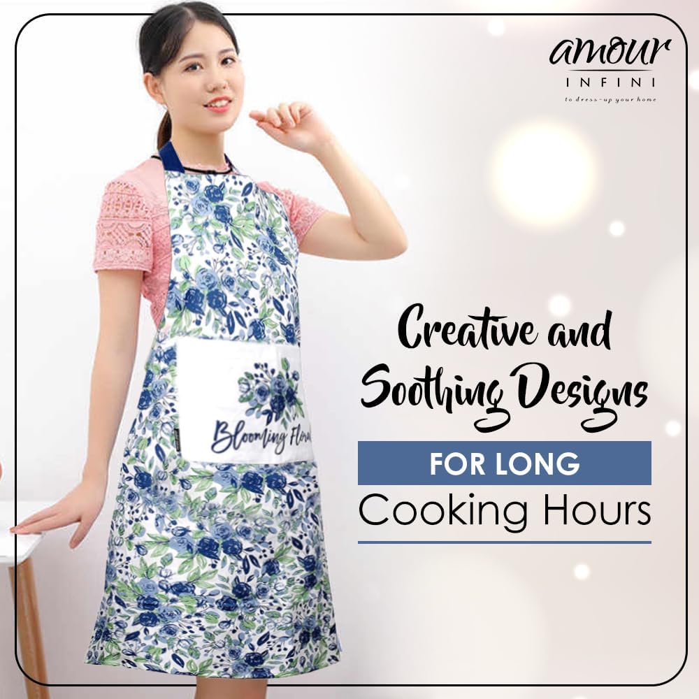 AMOUR INFINI Cotton Aprons for Women with Pocket, Adjustable Strap & Waist Ties - Washable Aprons for Baking, Cooking, Gardening (27.5 x 33 Inches - Blooming Floral)