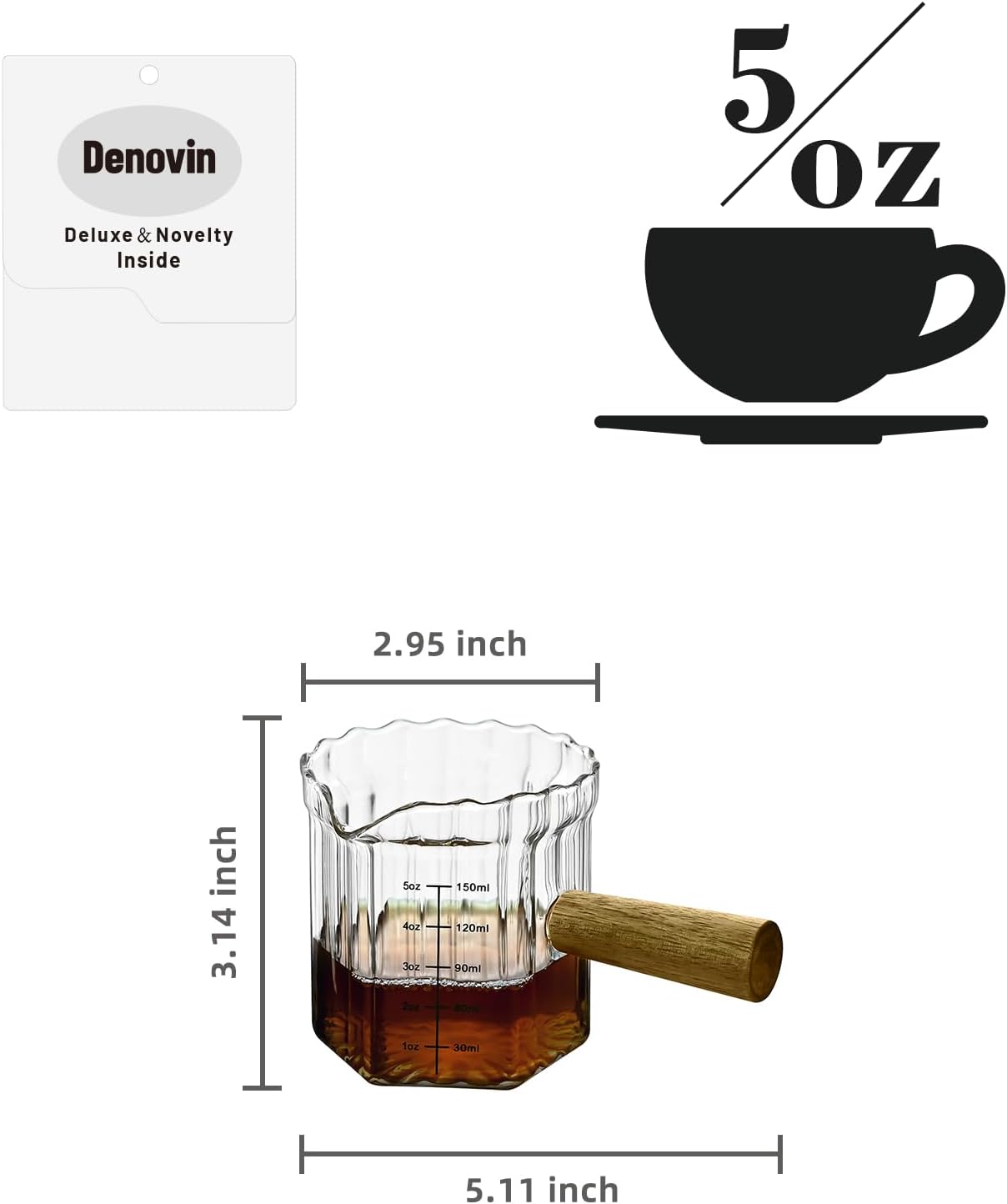 Glass Measuring Cup, 5oz Espresso Shot Glass with Wood Handle, Single Spout Measuring Triple Pitcher Milk Cup for Coffee Tea (Transparent Ribbed)