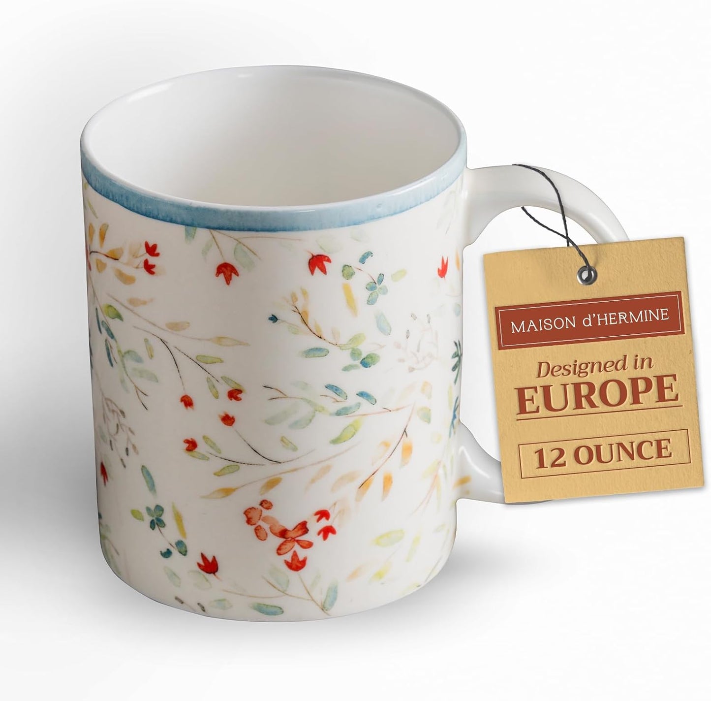 Maison d' Hermine Coffee Mug with Handles Fine Bone China Mugs Pack of One Tea Cups for Hot Beverages Cappuccino Latte Home Restaurant Office Perfect for Gift (Colmar - Blue, 12 Ounce)