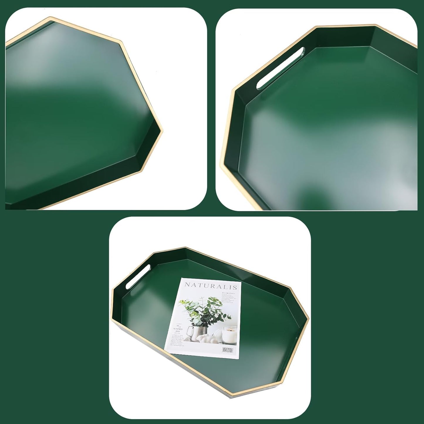 Green Decorative Tray with Handles, Versatile Serving Tray for Coffee Table, Ottoman, Ideal for Serving, Displaying, Organizing, 15.7"*10.2"*1.57"