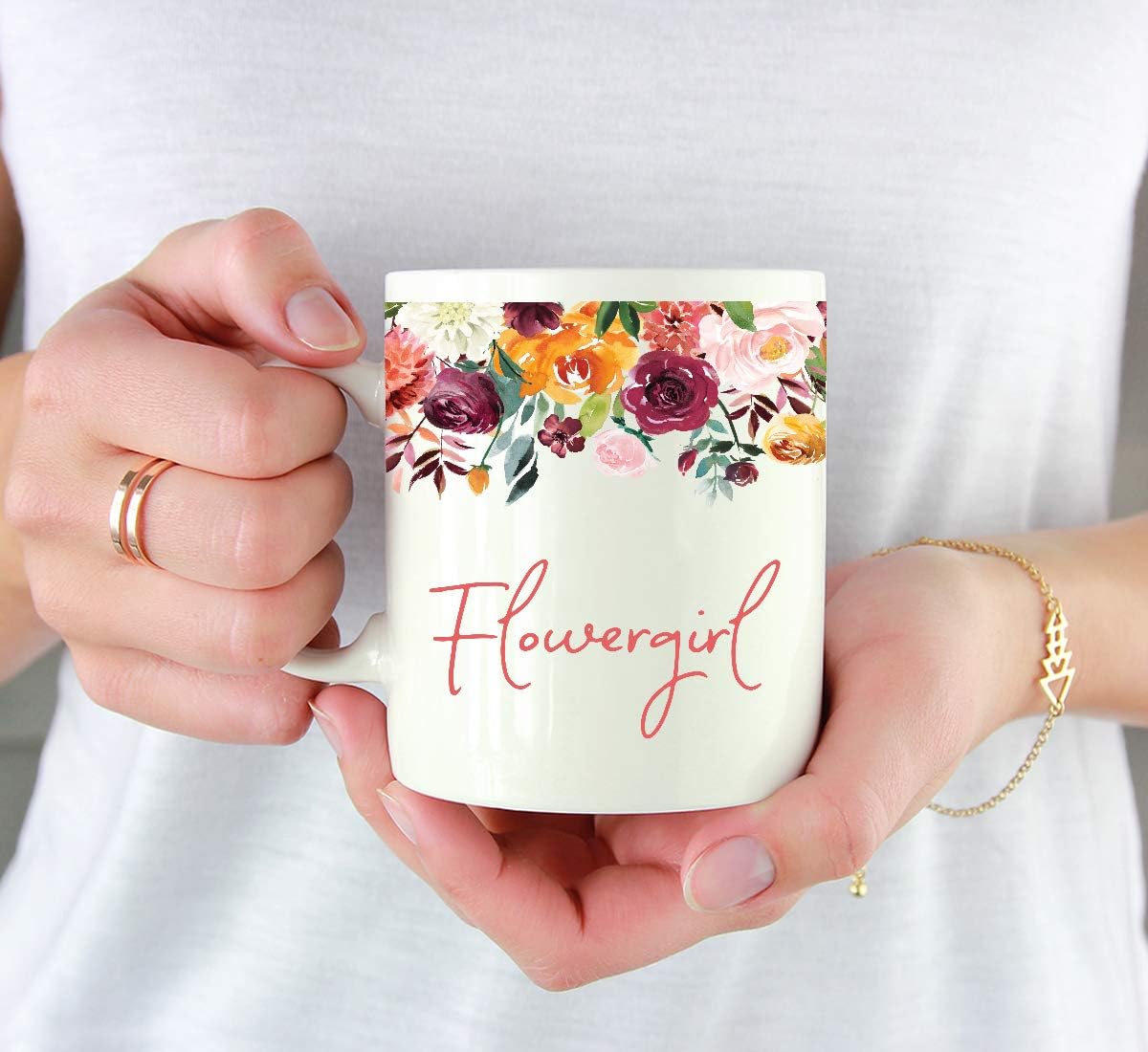 Andaz Press 11oz. Wedding Ceramic Coffee Tea Mug Gift, Fall Autumn Burgundy Orange Peach Flowers Roses Florals, Flowergirl, 1-Pack, Includes Gift Box