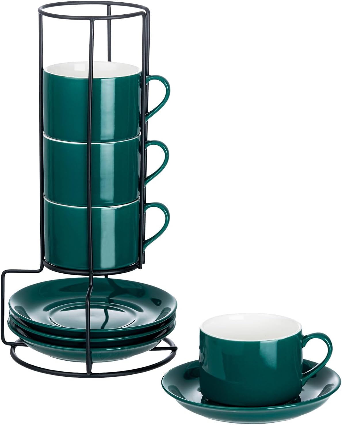 8oz Porcelain Stackable Cappuccino Cups with Saucers and Metal Stand Set of 4, Coffee Cups for Espresso, Specialty Coffee Drinks, Latte, Americano and Tea - Green
