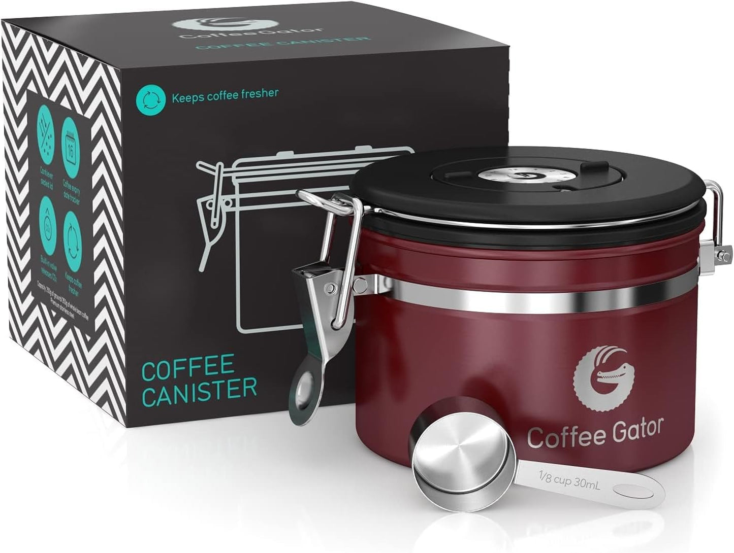 Coffee Gator Coffee Canister, 11oz Airtight Stainless Steel Kitchen Food Storage Container with Date-Tracker, CO2-Release Valve and Scoop for Beans, Grounds, Sugar, Cookies Jars, Tea, Cereal - Red