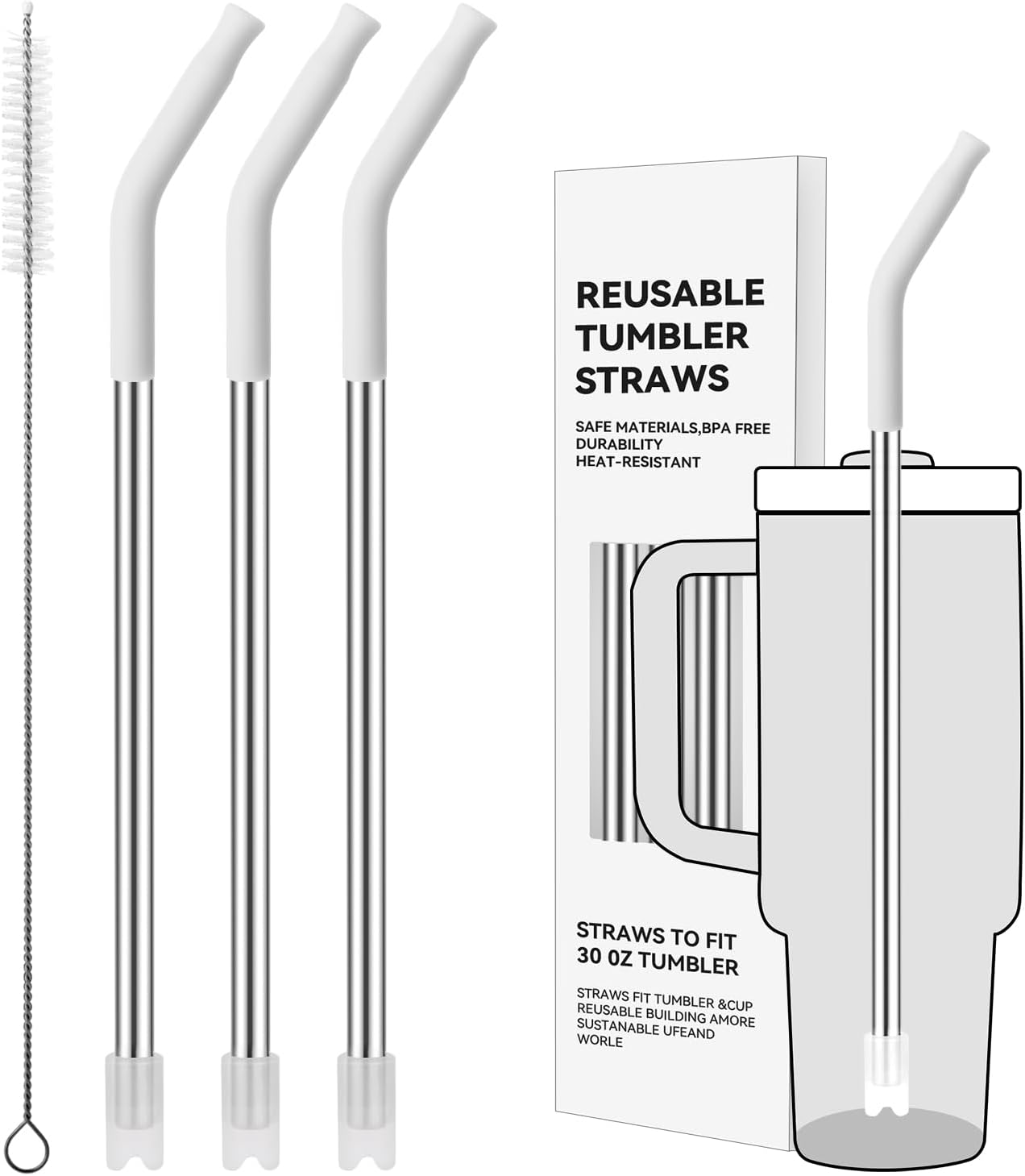Reusable Metal Straws with Silicone Tip for Stanley 30oz,Stainless Steel Drinking Straws for 30oz Tumbler,3 Straight Tubes & 6 Tips& 1 Cleanr Brush (White)