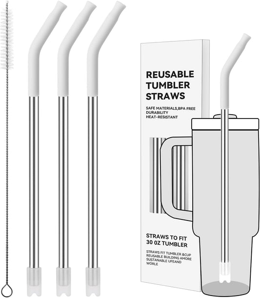Reusable Metal Straws with Silicone Tip for Stanley 30oz,Stainless Steel Drinking Straws for 30oz Tumbler,3 Straight Tubes & 6 Tips& 1 Cleanr Brush (White)