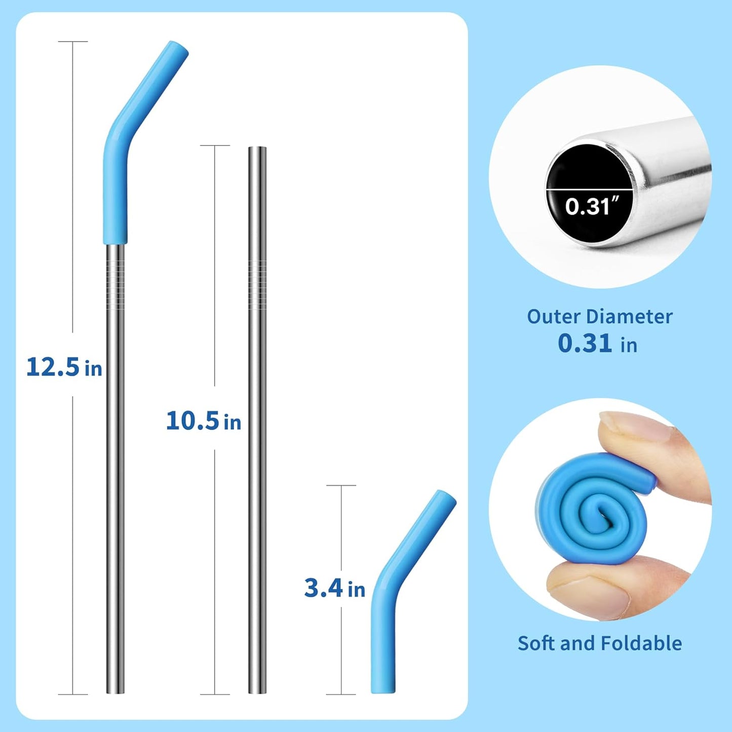 Metal Straws Reusable With Silicone Tips, 9.5" Stainless Steel Straight Drinking Straw for Yeti 30 oz Tumbler- 2 Cleaning Brushes & 1 Portable Bag