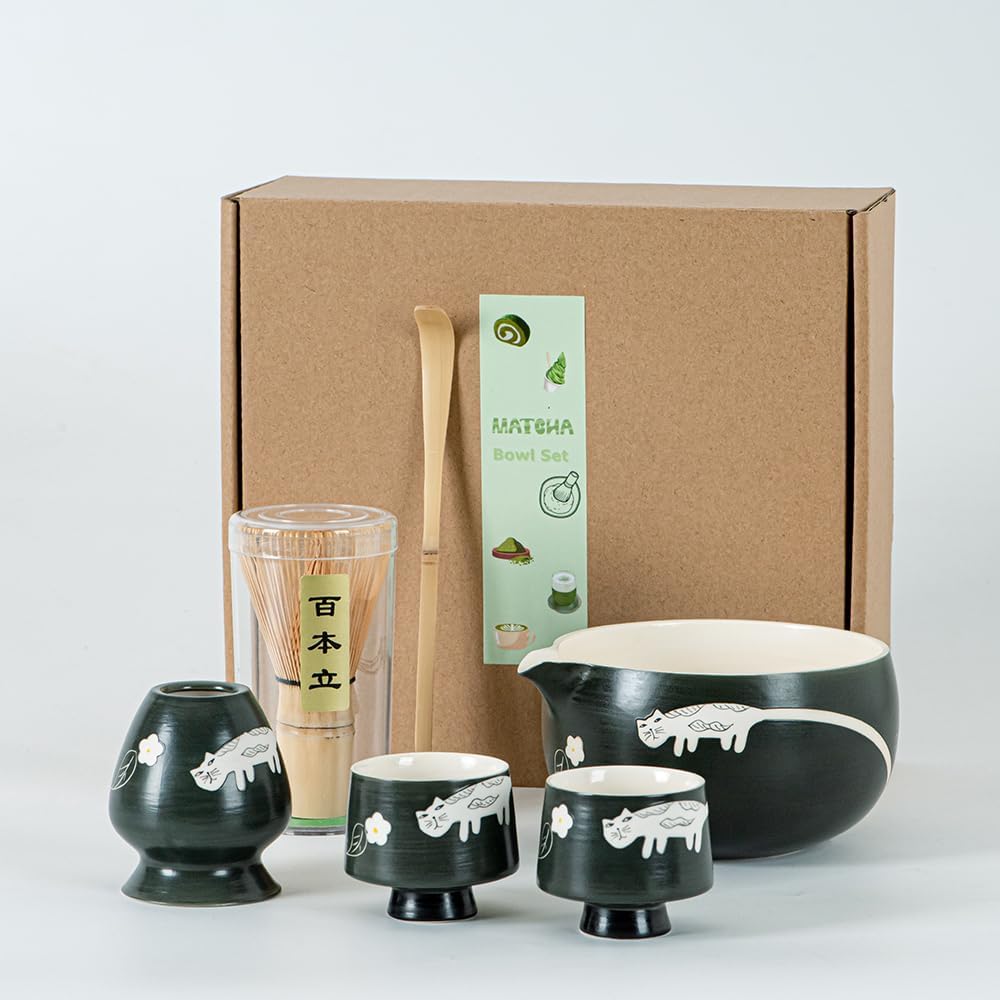 Unique Cat Matcha Tea Set, Matcha Bowl with Spout, 2 Cups, Bamboo Whisk, Chasen Holder & Scoop, 6 Pcs Matcha Set for Tea Ceremony & Unique Gift for Matcha Lover