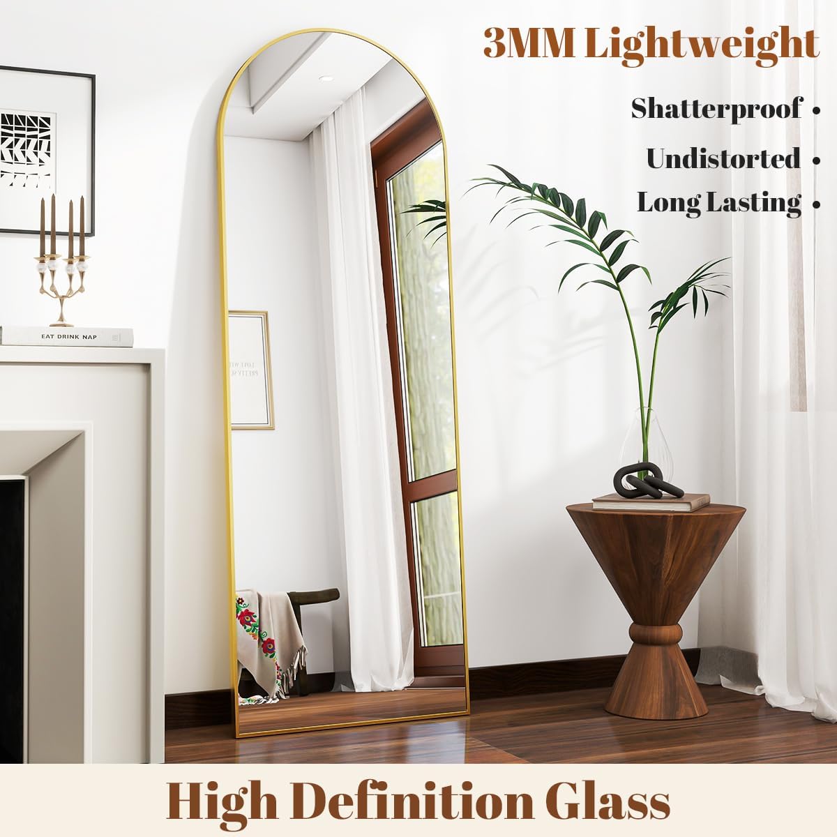 VooBang 21 x 64 inch Arched Full Length Mirror, Gold Arch Floor Mirror Full Length with Stand, Full Body Standing Mirror for Living Room, Bedroom, Hanging or Leaning Against The Wall