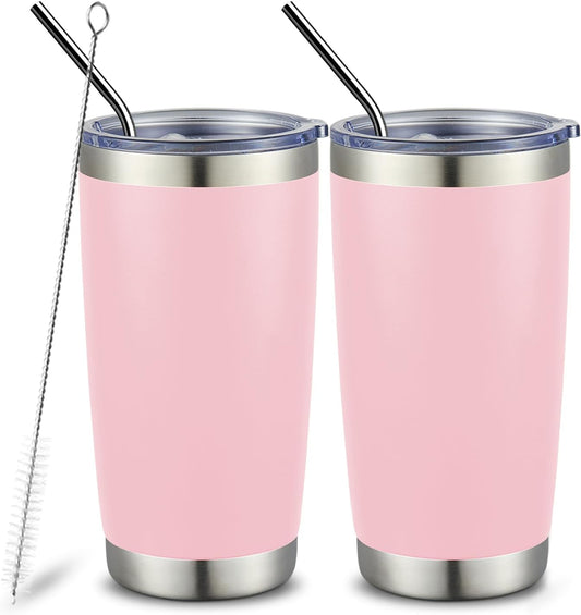 COMOOO 20oz Tumbler Bulk Double Wall Vacuum Insulated Travel Mug, Stainless Steel Tumbler with Lid and Straw Durable Powder Coated Insulated Coffee Cup for Cold & Hot Drinks (pink, 2 pack