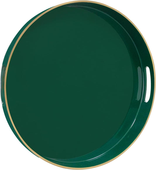 MAONAME Dark Green Decorative Tray, 13" Round Serving Tray with Handles, Plastic Trays for Coffee Table, Modern Ottoman Trays for Living Room, Bedroom