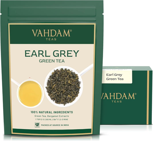 VAHDAM, Earl Grey Citrus Green Tea Loose Leaf (50+ Cups, 3.5 oz) Loose Leaf Earl Grey Green Tea With Pure Bergamot Oil | High Elevation Grown | Vacuum Sealed for Freshness
