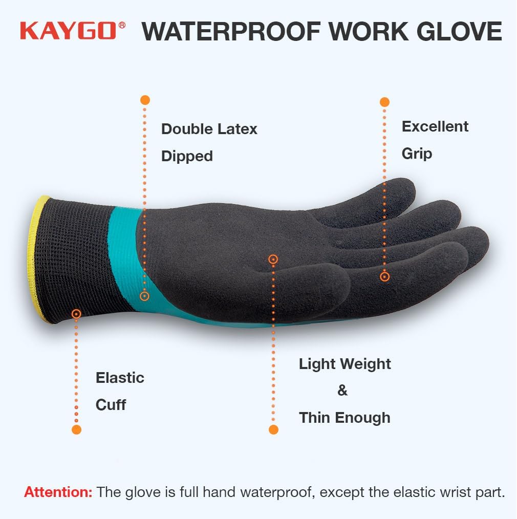 KAYGO Waterproof Work Gloves for Men and Women, Rubber Coated Non-slip Working Gloves for Garden, Outdoor Construction,KG150,Blue,S