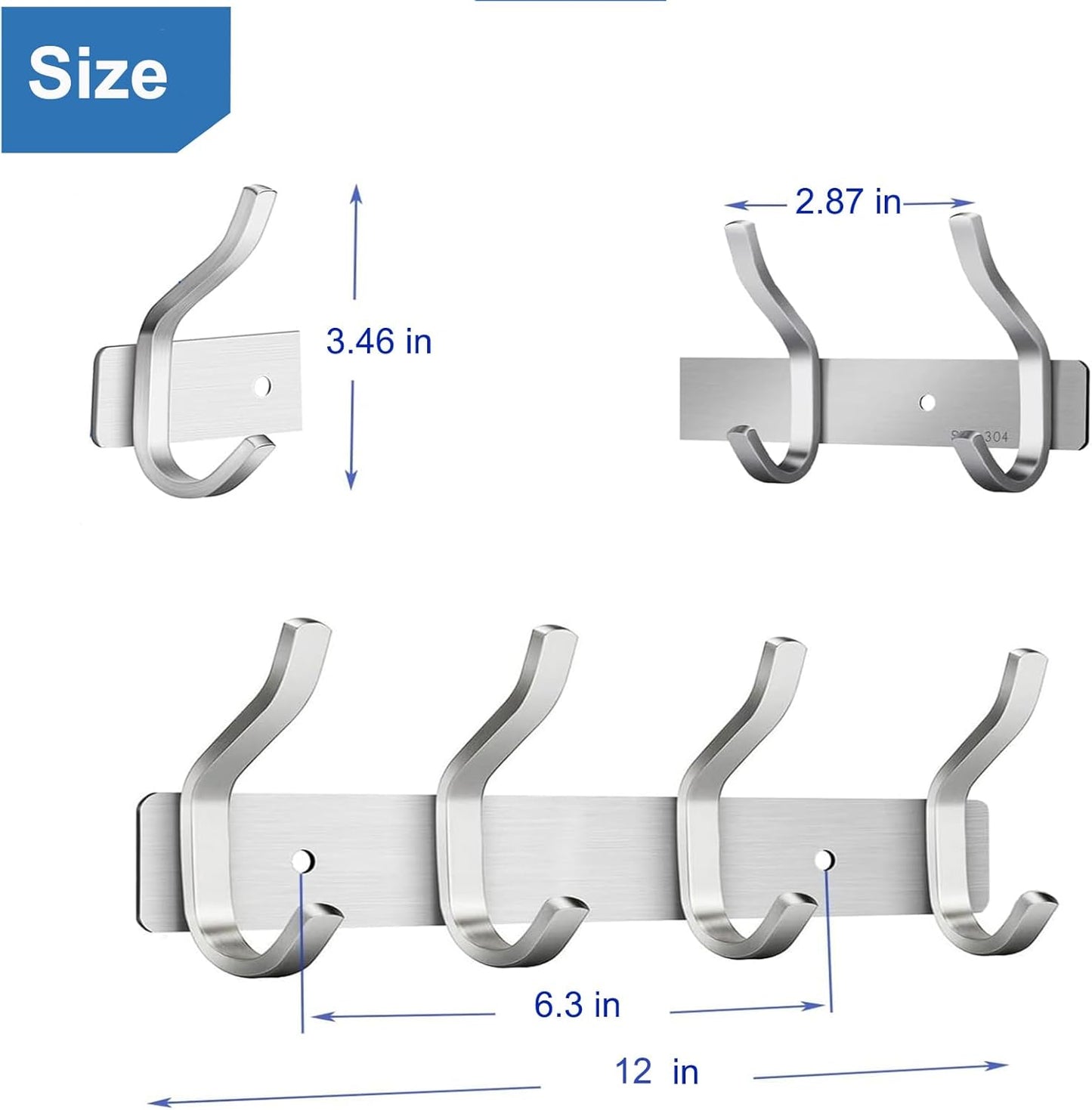 Wall Hooks Heavy Duty, 12 Inch Coat Rack Wall Mount with 4 Hooks, Silver Wall Hooks Hangers for Entryway, Bathroom - for Hanging Backpack, Bag, Coat, Purse, Hat, Towel, Clothes,2 Packs