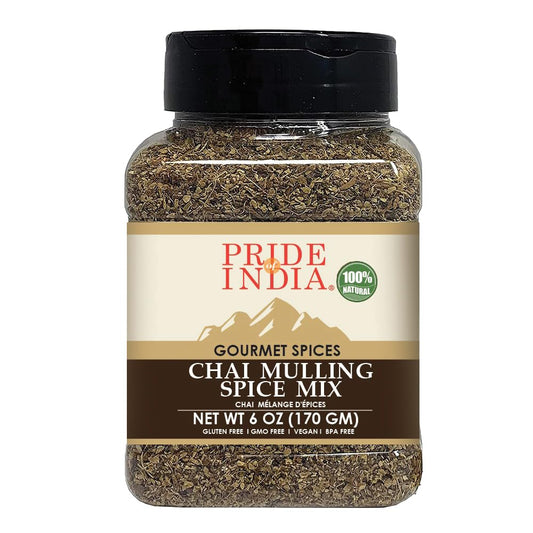 Pride of India | Chai Masala Mulling Spice Mix 6 oz (170 gm) Medium Dual Sifter Jar | Gourmet Spice Mix for Teas & Coffee | Caffeine Free | Authentic Mulling Spice Blend | Vegan & Gluten-Free | Easy to Store
