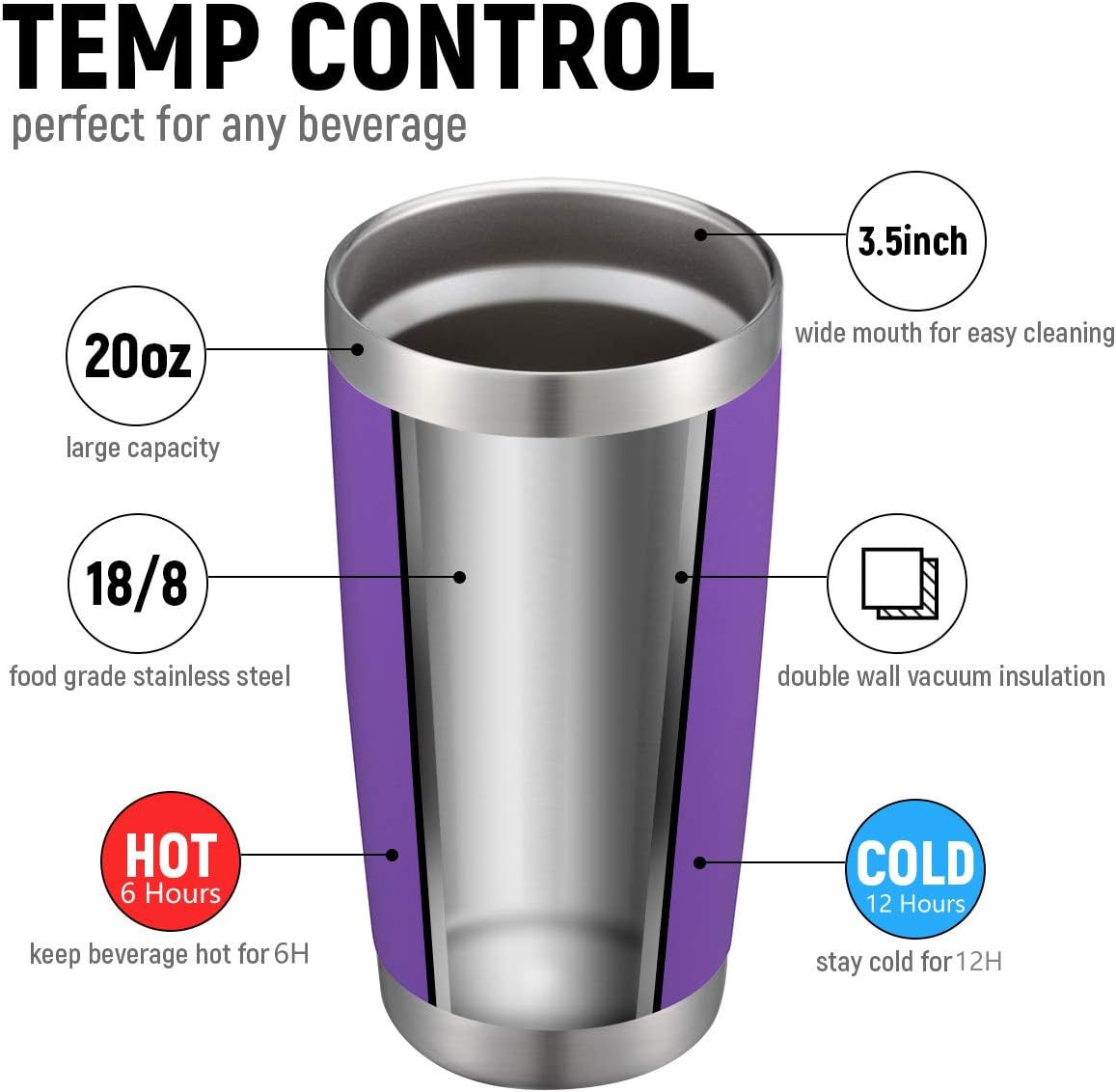 COMOOO 20oz 8 Pack Tumbler Double Wall Vacuum Insulated Coffee Travel Mug Stainless Steel Tumbler Bulk with Lid and Straw Durable Powder Coated Insulated Coffee Cup for Cold & Hot Drinks Purple 8 Pack