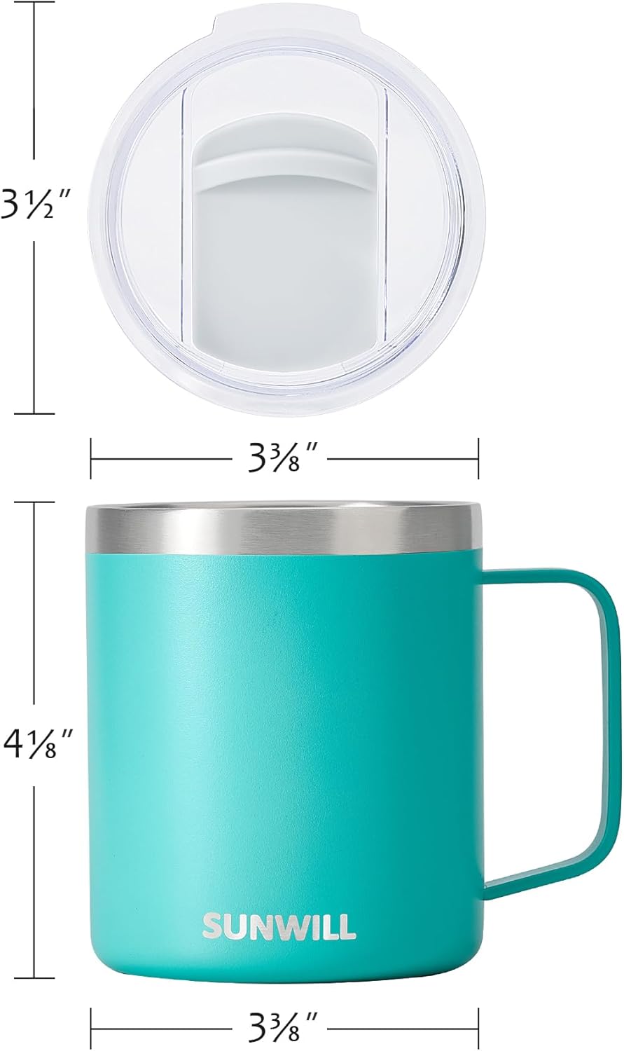 SUNWILL Insulated Coffee Mug with Lid, Travel Tumbler with Handle, 14 oz Stainless Steel Cup for Camping, Office, Home, Powder Coated Teal