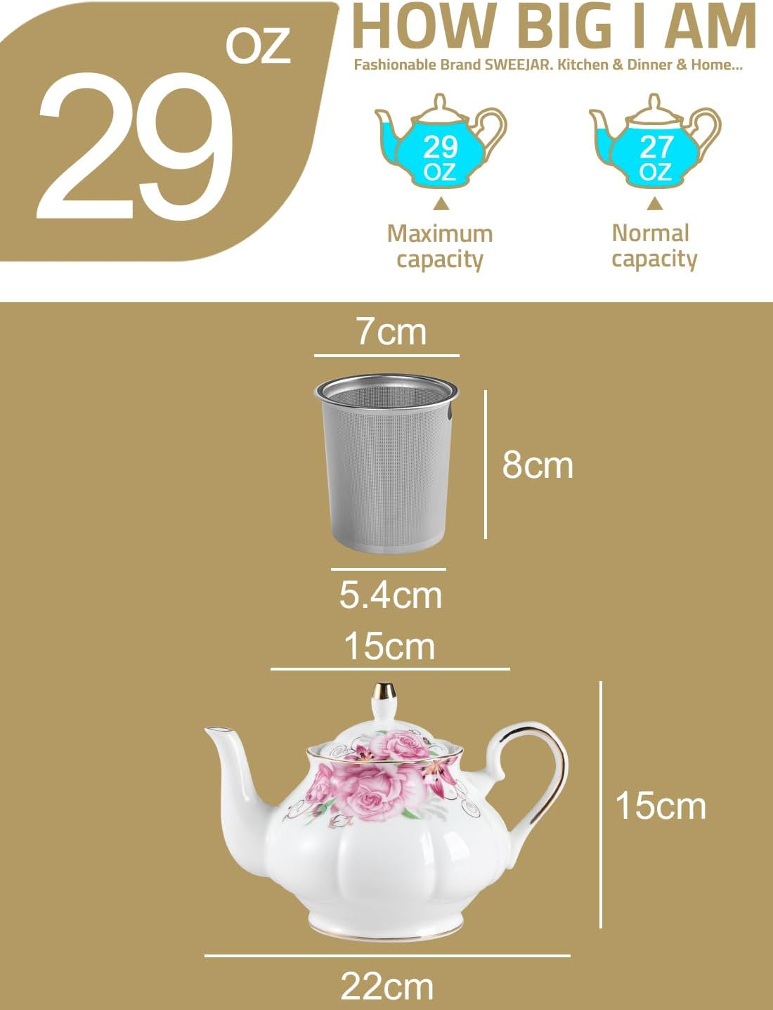 Sweejar Ceramic Teapot with Infuser, Floral Relief Gold Rimmed Teapot, 29 OZ Porcelain Tea Pot for Blooming and Loose Tea, Coffee...(Flower)