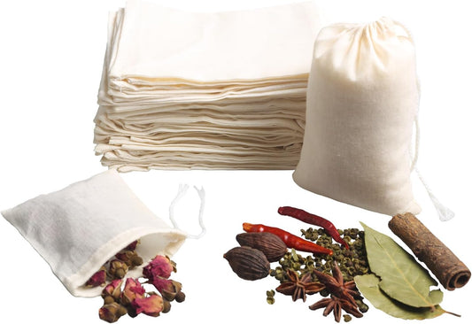 Eketirry Spice Bags, 10pcs Reusable Empty Tea Bags, Muslin Strainer Bags, Soup Bags for Cooking, Natural Cotton Fine Mesh Cheesecloth Bags for Cold Brew Coffee(3 x4" &5 x6.3")