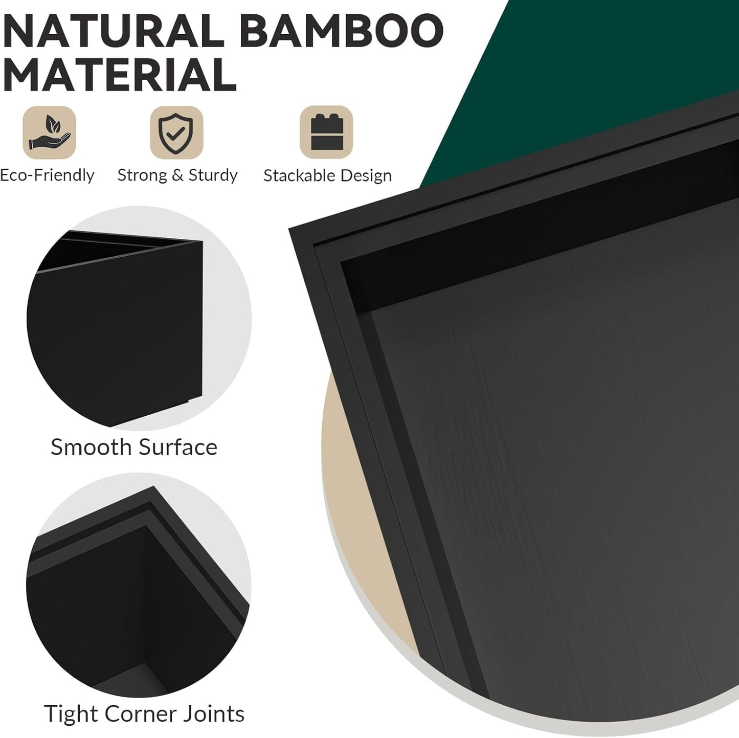 Bamboo Drawer Organizer, Cutlery Silverware Organizer for Kitchen Drawer, Stackable Utensil Organizer, 2 Pcs Flatware Organizer, Wooden Storage Box Tray (Black, 12 X 6 X 2 Inch)