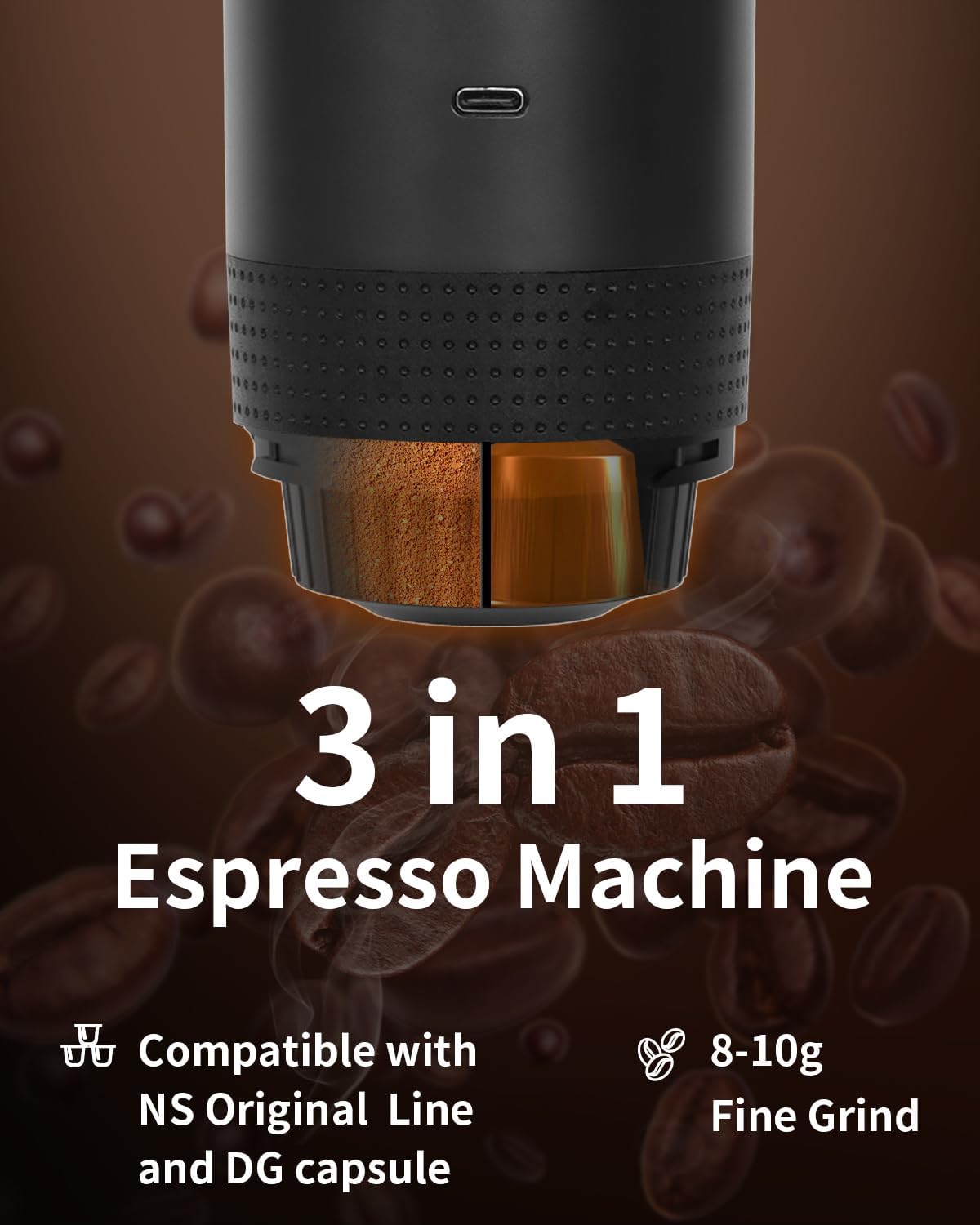 Portable Electric Espresso Machine, Travel Coffee Maker Brewer Compatible with Ground Coffee & NS Capsules (Black with LCD Screen)