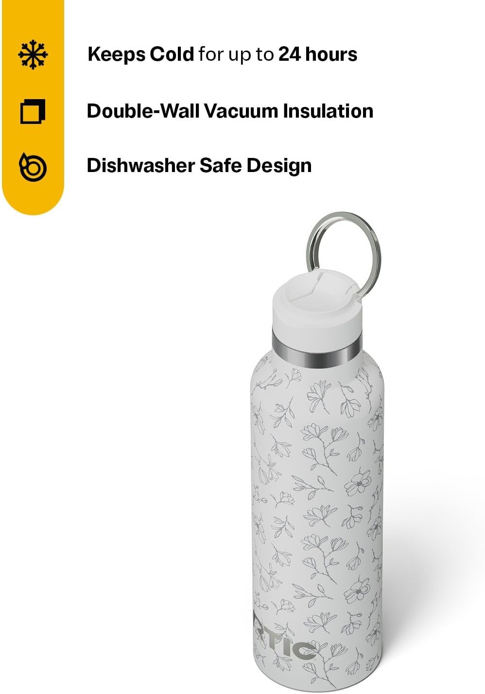 RTIC 20oz Journey Bottle Metal Stainless Steel Vacuum Insulated, BPA Free, Reusable, for Water, Hot and Cold Drinks, Travel, Sports, Camping, White Magnolias