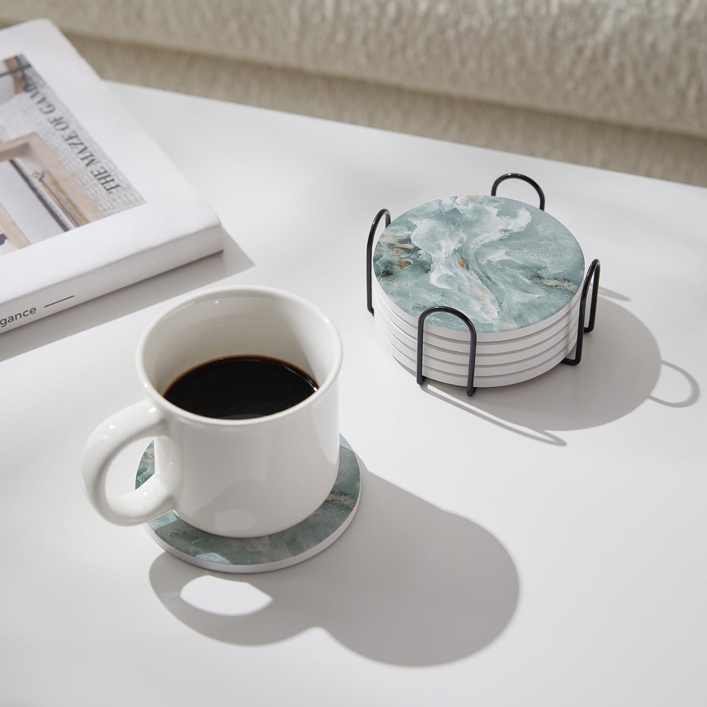 Set of 6 Abstract Marble Coasters with Holder, Absorbent Ceramic Coasters for Drinks, Coasters with Cork Backing for Table Protection, Housewarming Gifts for New Home