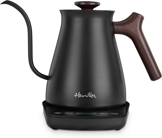 Harriet Gooseneck Electric Kettle - 1200W Fast Heat, 0.8L Stainless Steel, Precision Temp Control & Timer, Wood Handle, Pour Over Coffee and Tea, Black
