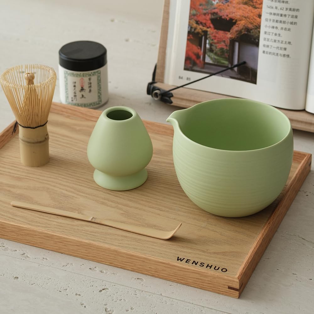 Matcha Whisk Set, Ceramic Matcha Bowl & Whisk Holder, Bamboo Accessory, Modern Design (Mint Green, Pouring Spout)