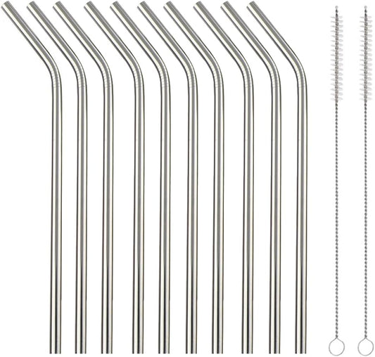 10 Pcs Stainless Steel Straws, Reusable Drinking Straws, Bent Metal Straw Sets with 2 Pcs Cleaning Brushes (Silver, 8.5 Inch)