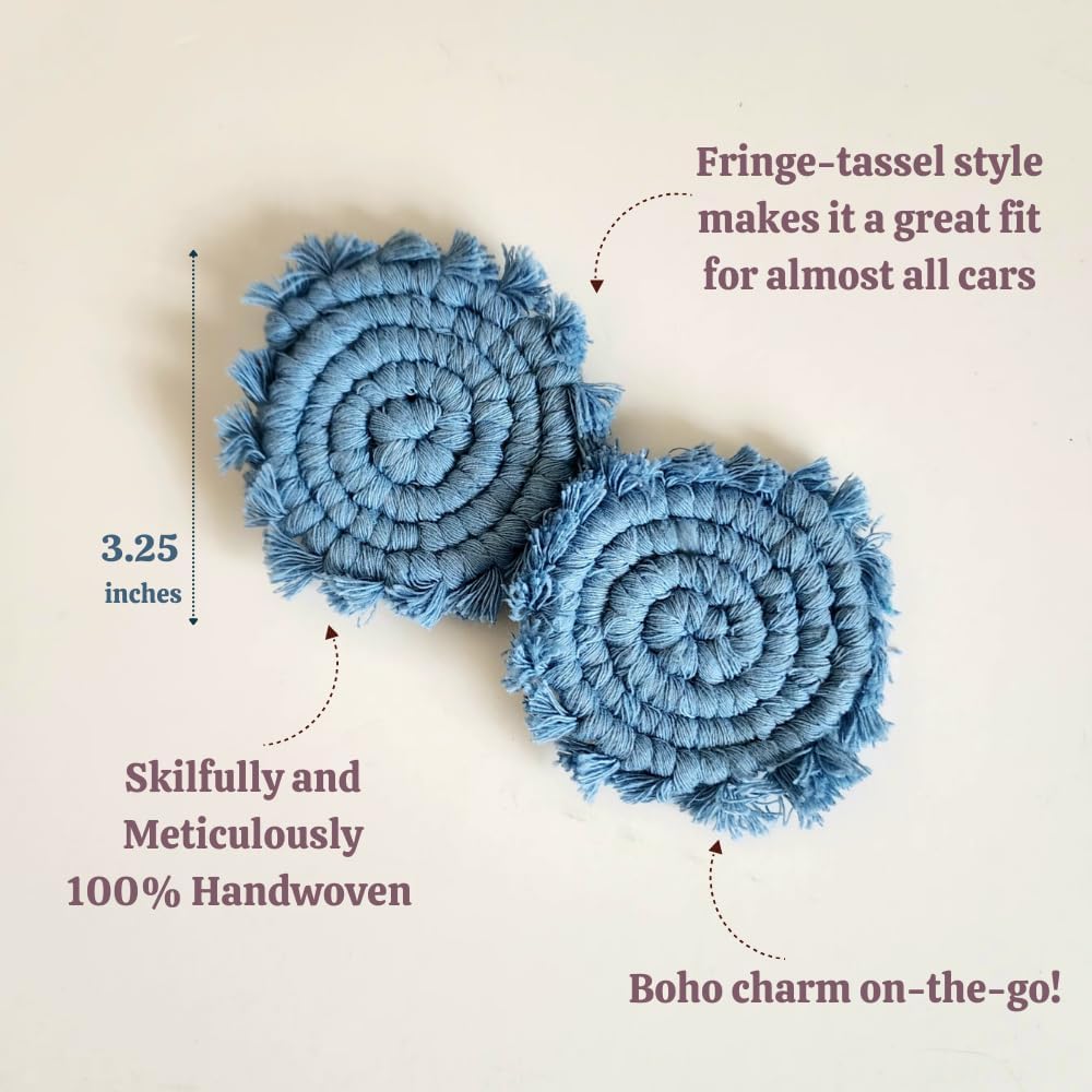 Cotton Car Coasters for Cup Holders, 2PC Car Cup Coasters, Drink Coaster Holder, Cute cupholder Coaster Accessories for Women, Macrame, Boho (Cloudy Day)