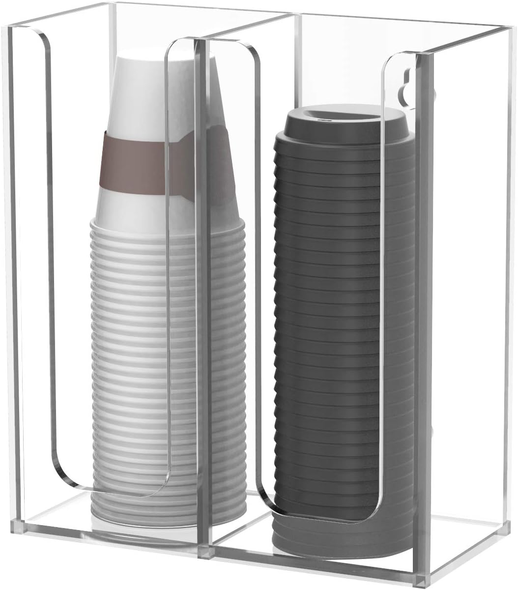 Richboom Acrylic Coffee Cup and Lid Storage Organizer Holder, 2 Compartments, Clear