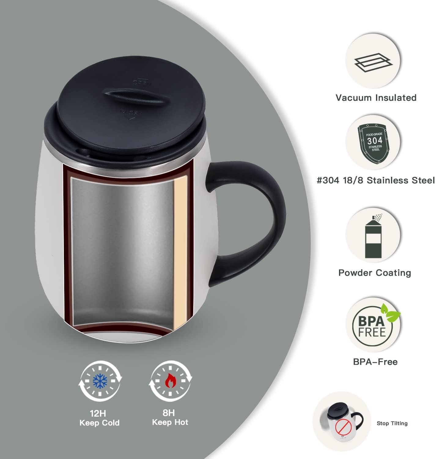 Ideus 16 oz (470 ml) Insulated Coffee Mug with Handle and Lid, Double Wall Stainless Steel Vacuum Thermal Coffee Mug, Travel Coffee Cup Thermal Cup for Home and Office (Snow Mountain White)