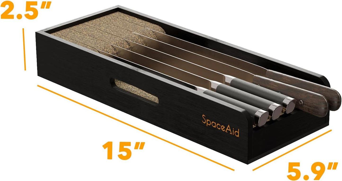 SpaceAid Knife Drawer Organizer Bamboo Insert Dock, Kitchen Steak Knives Holder Organizers Block for Drawer in Storage Organization (Small, Black)