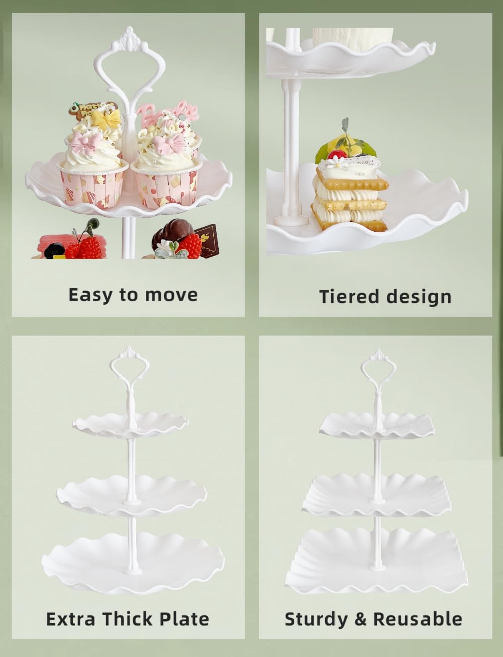 2 Set of 3-Tier Plastic Cupcake Stand Dessert Plates Mini Cakes Fruit Candy Display Tower White for Birthday Tea Party Baby Shower Serving Tray