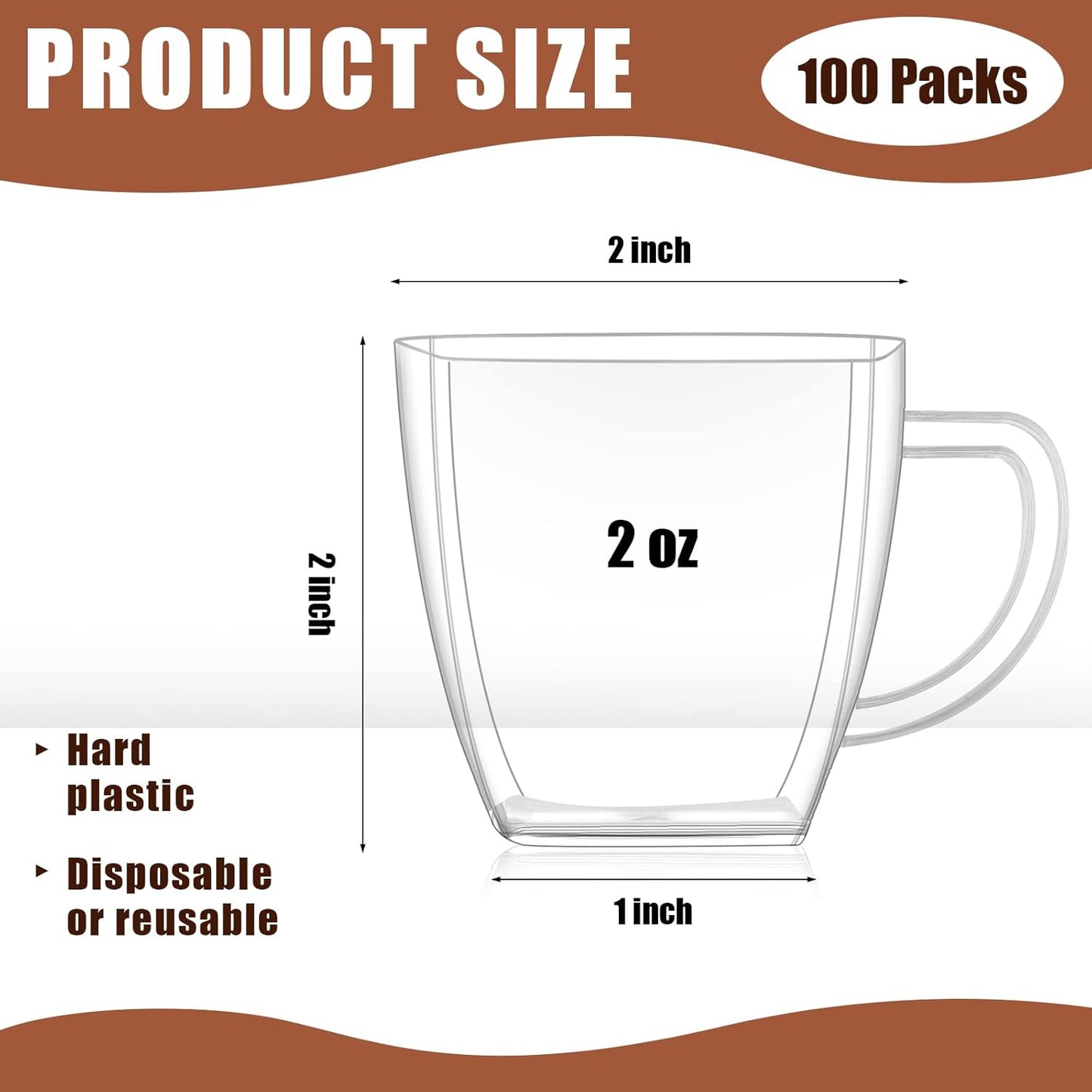 Amyhill 100 Pcs Disposable Tea Cups Mini Plastic Tea Cup Bulk with Handle Hard Plastic Coffee Mug Disposable Square Espresso Mug for Party Catering (Transparent)
