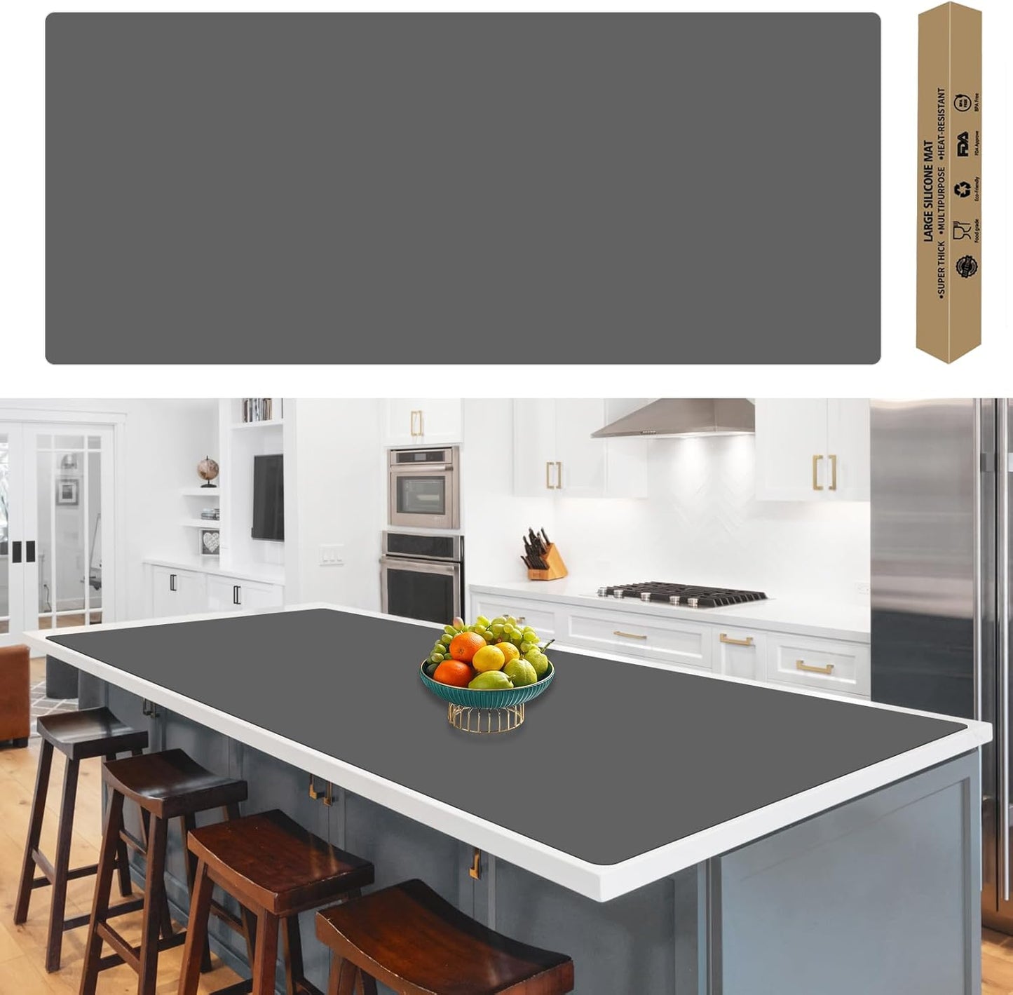 120" x24''(305cmx60cm) Extra Large Silicone Mat for Kitchen Counter, Heat Resistant Countertop Protector, Non-Slip Waterproof Kitchen Island Mat, Easy to Clean, Dark Gray