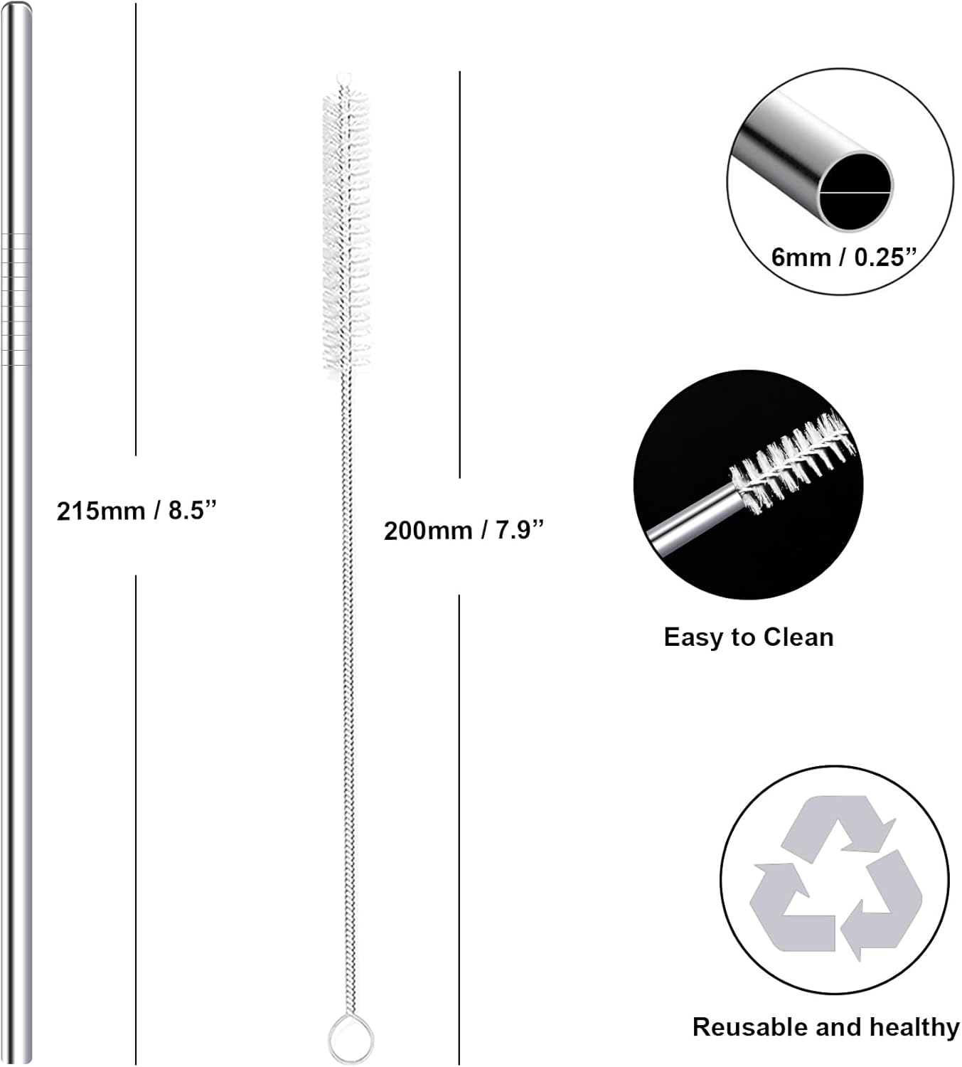 Stainless Steel Straws Metal Reusable Drinking Straw for Juice Iced Coffee Cold Beverage Water Highball Glasses 20oz Tumblers Mugs Cups, 0.24" 6mm Wide 215mm Long, Set of 8 with Brush, Silver