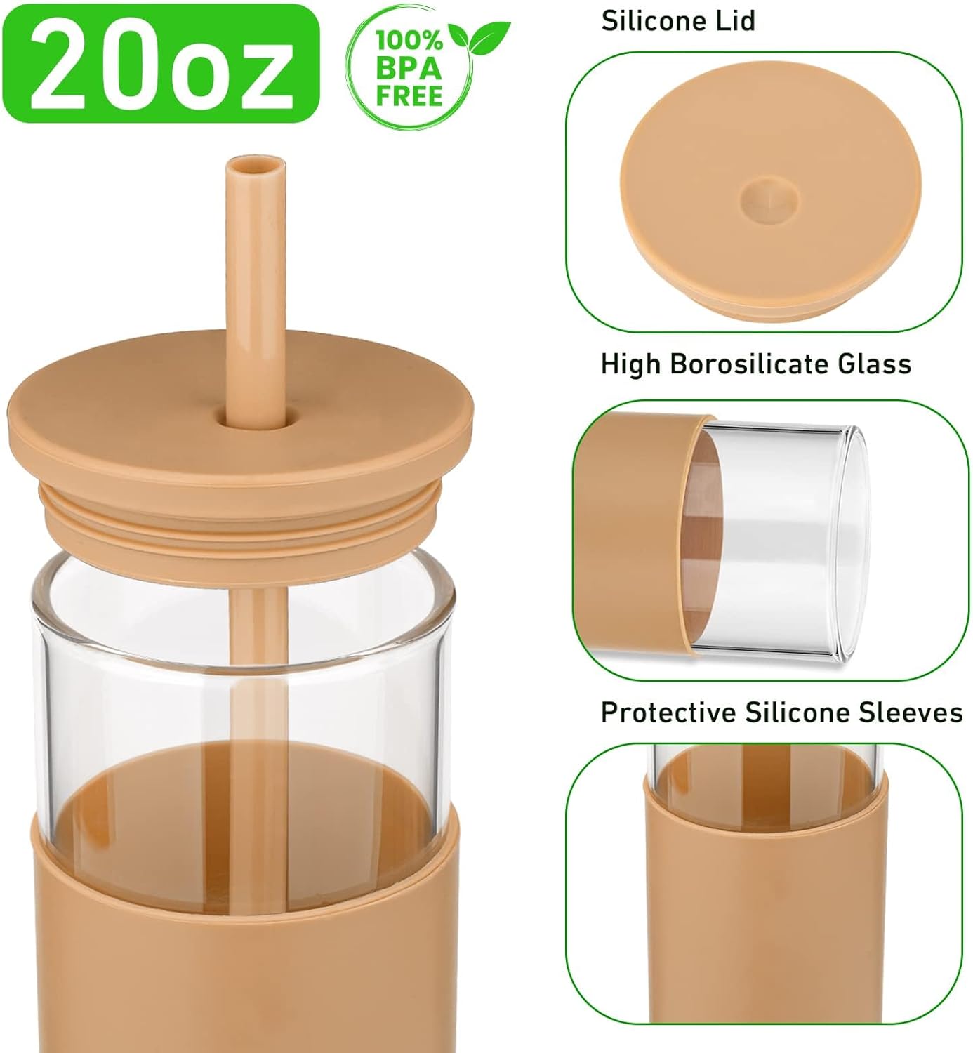 Tronco 20 oz Glass Tumbler With Lids and Straws, Reusable Smoothie Cups With Silicone Lid, Iced Coffee Cup With Silicone Protective Sleeve, Dishwasher Safe- BPA Free（Black 1 Count）