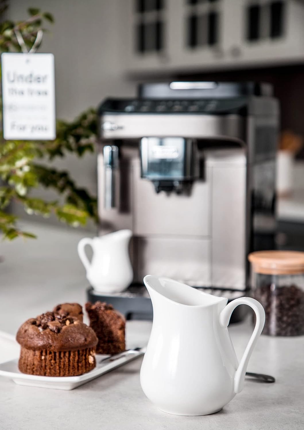 Nucookery 12 Oz Ceramic Creamer with Handle, White Coffee Milk Pitcher, Porcelain Creamer Container Holder For Sauces Salad Coffee Milk, Microwave & Freezer Safe (12-Ounce, Set/1)