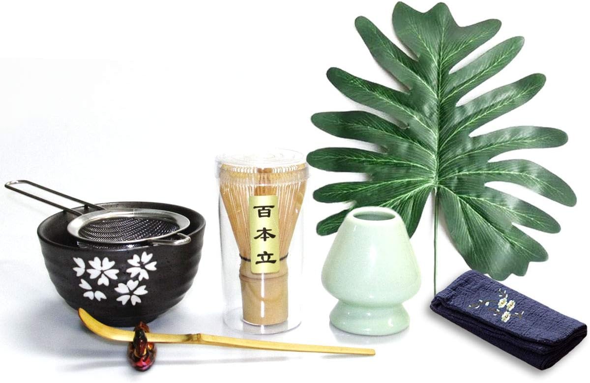 Artcome Japanese Matcha Tea Set, Matcha Whisk, Traditional Scoop, Matcha Bowl, Ceramic Whisk Holder, Handmade Matcha Ceremony Kit For Traditional Japanese Tea Ceremony (7 Pcs)