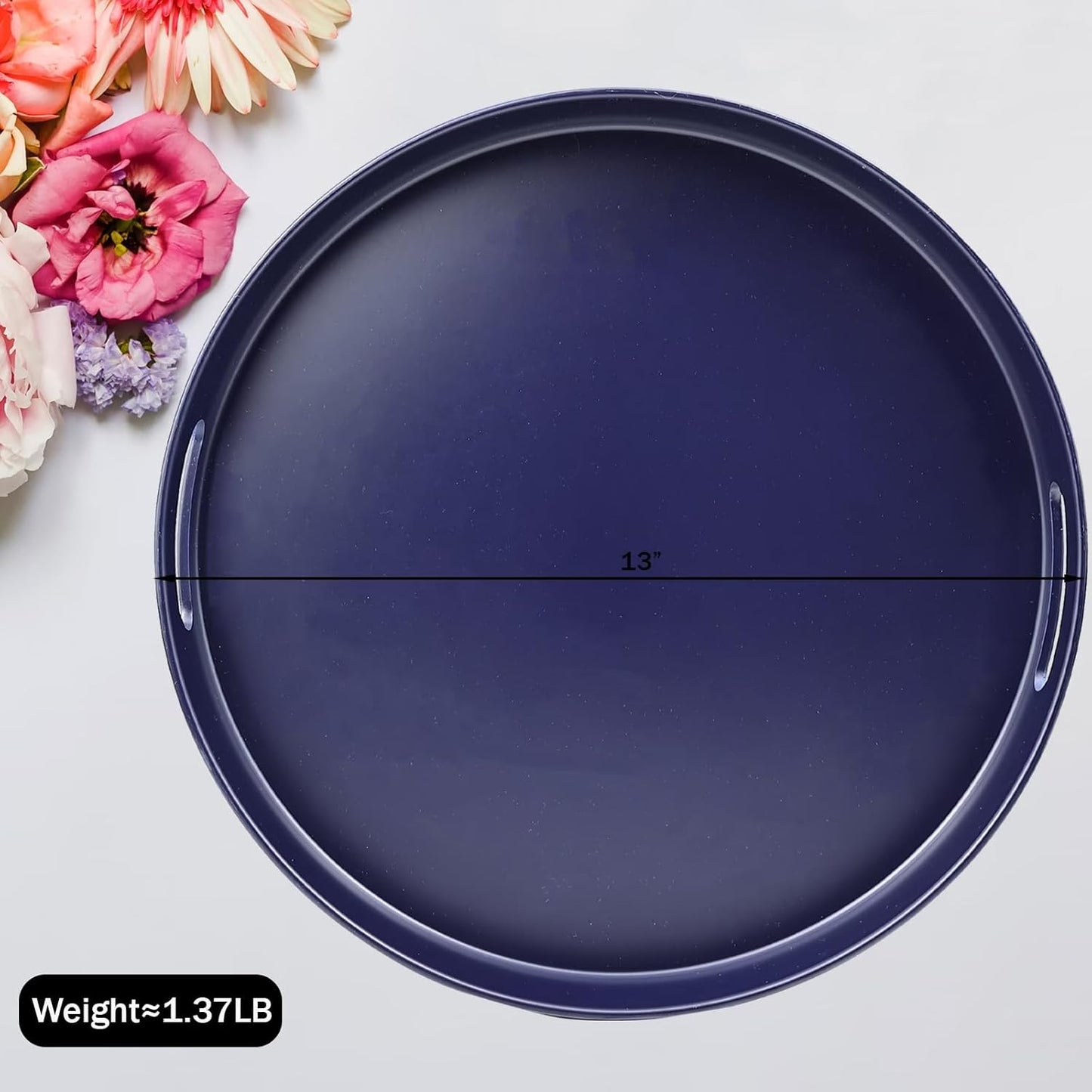 Navy Blue Decorative Serving Tray with Handles, 13” Versatile Ottoman Tray for Coffee Table, Entertaining, Outdoor Patio, Living Room