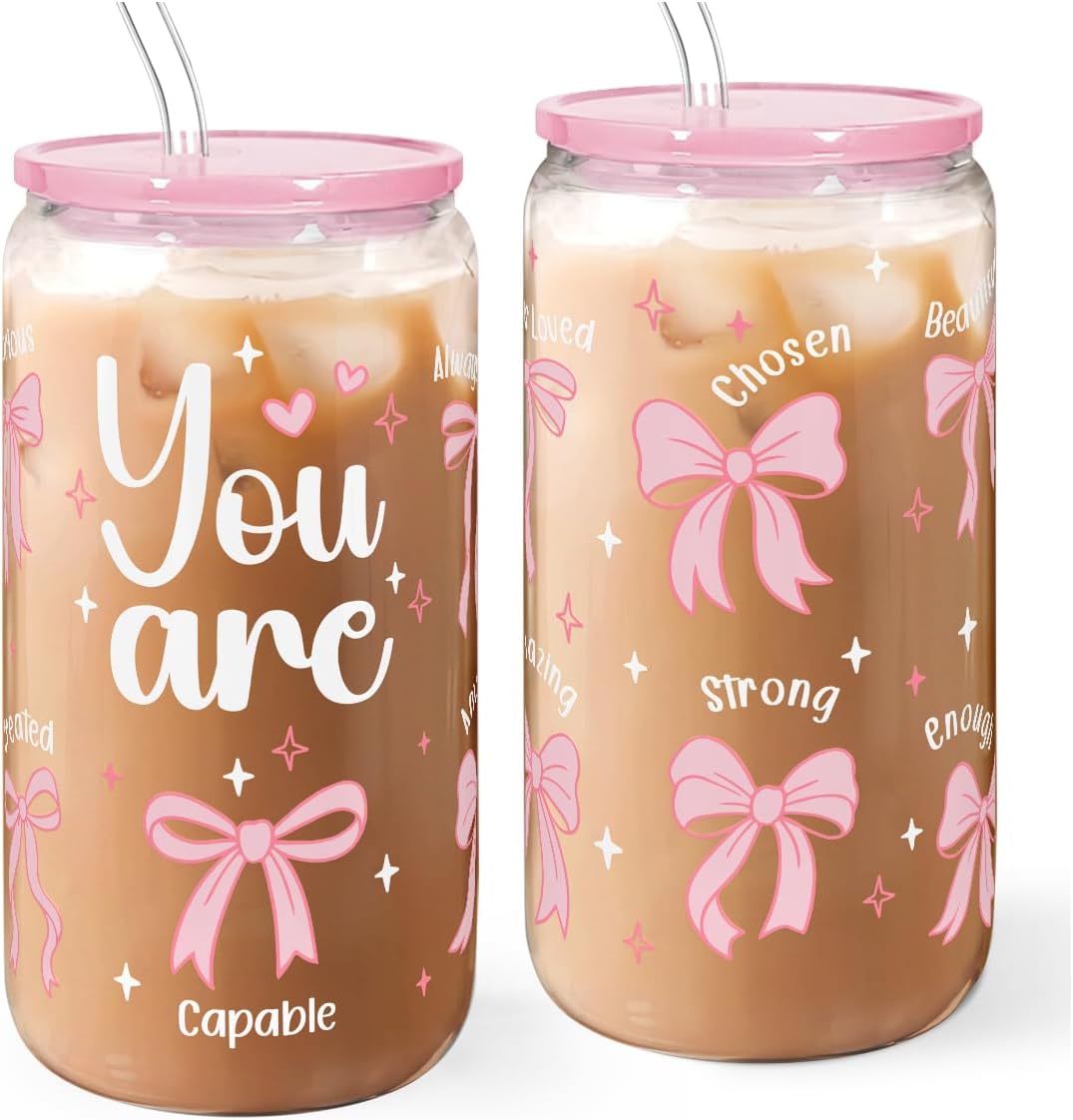 Christian 16oz Can Glass Tumbler with Acrylic Lid & Straw, Iced Coffee Cup for Women Girls, Aesthetic Cups Gifts for Birthday Christmas